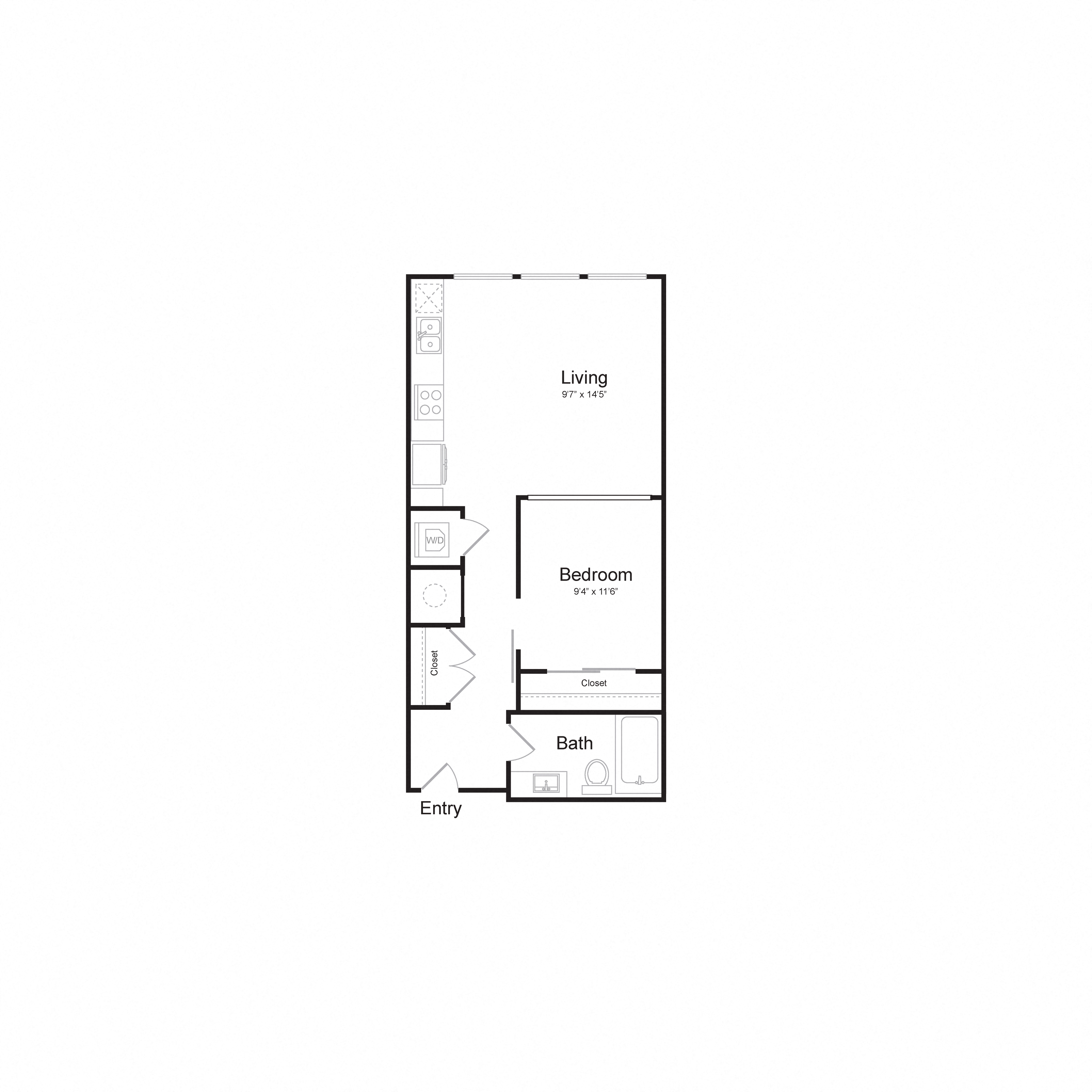 Floor plan for 1 bed, 1 bath, 624 sqft